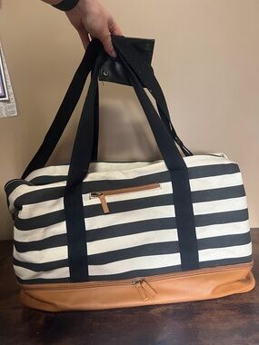 Black & White Striped Duffel Bag with Tan Trim